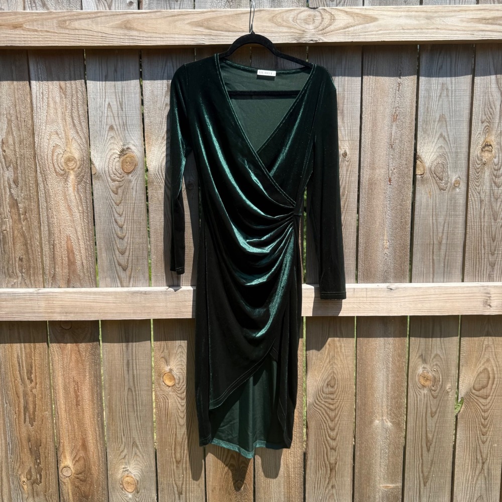 Huhot Women Green Velvet V Neck Long Sleeve Ruched Bodycon Tulip Hem Dress M